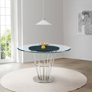 Homeroots 48" Clear And Silver Glass And Stainless Steel Pedestal Base Round Top Dining Table   569437