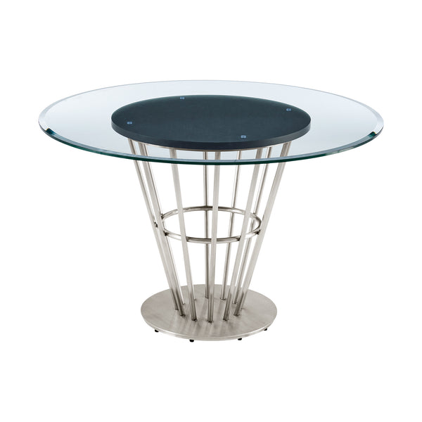 Homeroots 48" Clear And Silver Glass And Stainless Steel Pedestal Base Round Top Dining Table   569437