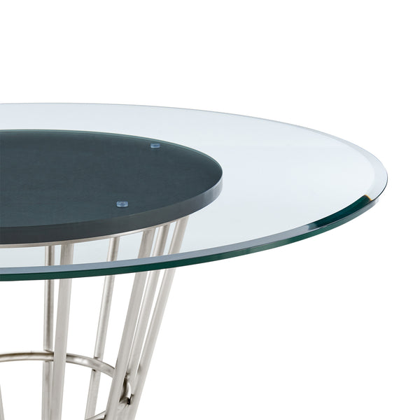 Homeroots 48" Clear And Silver Glass And Stainless Steel Pedestal Base Round Top Dining Table   569437