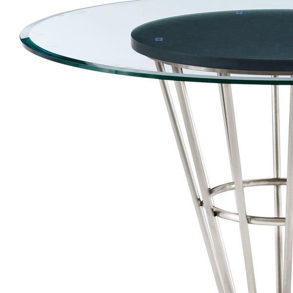 Homeroots 48" Clear And Silver Glass And Stainless Steel Pedestal Base Round Top Dining Table   569437