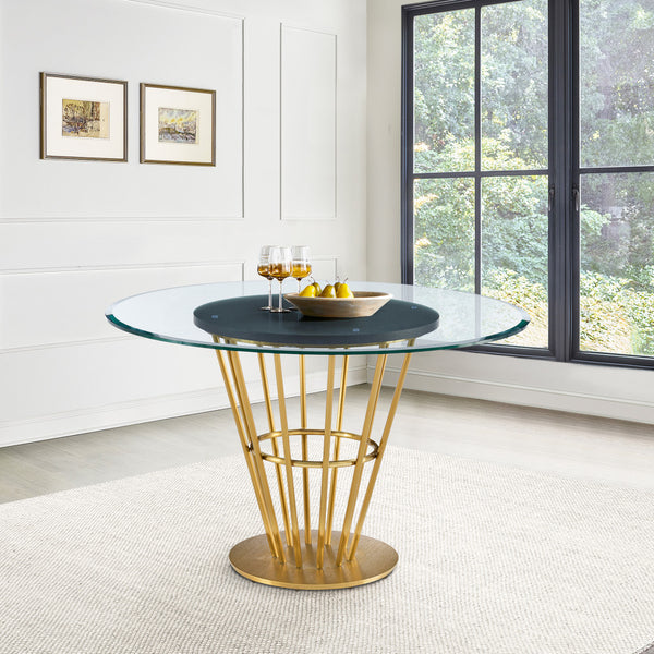 Homeroots 48" Clear And Gold Glass And Stainless Steel Pedestal Base Round Top Dining Table   569438