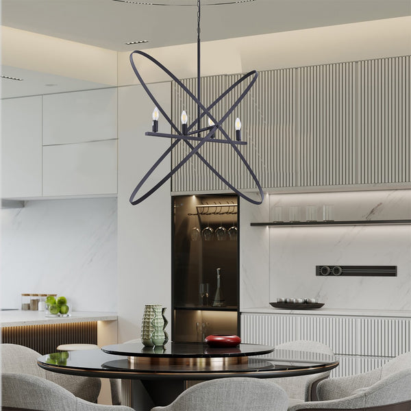 HomeRoots Black Modern Geometric Four-Light Metal Chandelier - Bold Statement Piece for Any Room Decor 569446