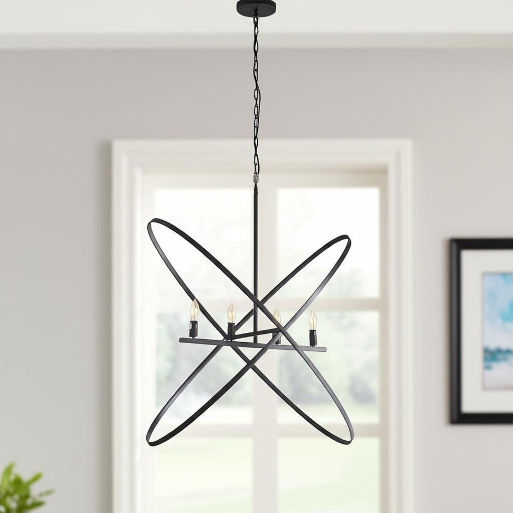 HomeRoots Black Modern Geometric Four-Light Metal Chandelier - Bold Statement Piece for Any Room Decor 569446