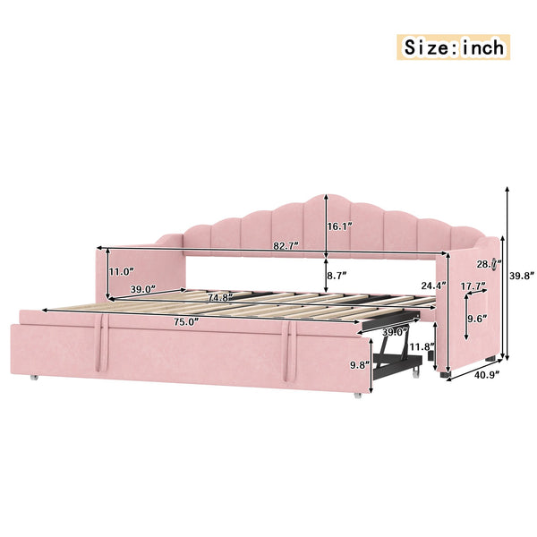 English Elm Upholstered Twin Daybed with Pop-Up Trundle, Built-In USB Type-C Charger, Side Pockets, Velvet Frame Pink 77.25 L x 17.25 W x 5.31 H N733S285118H