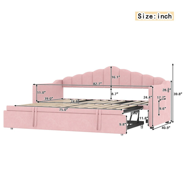 English Elm Upholstered Twin Daybed with Pop up Trundle Velvet Frame and Built in Usb Charging Pink N733S410648H