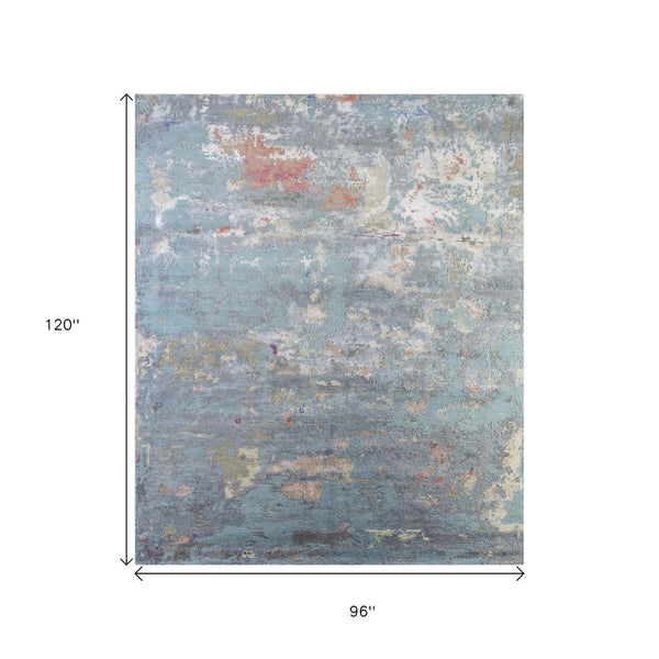HomeRoots 8' X 10' Blue Abstract Hand-Knotted Wool Area Rug - Elevate Your Space with Artisan Craftsmanship! 569462