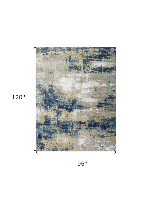 Homeroots 8' X 10' Blue Ivory And Gold Abstract Hand Knotted Area Rug  Wool,Bamboo Silk 569468