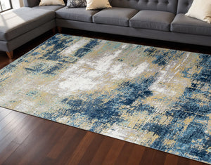 Homeroots 8' X 10' Blue Ivory And Gold Abstract Hand Knotted Area Rug  Wool,Bamboo Silk 569468