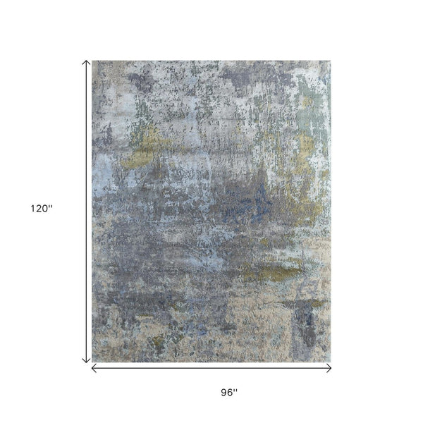 HomeRoots 8' X 10' Blue Abstract Hand-Knotted Area Rug - Luxurious Wool, Modern Design for Elegant Living Spaces 569471