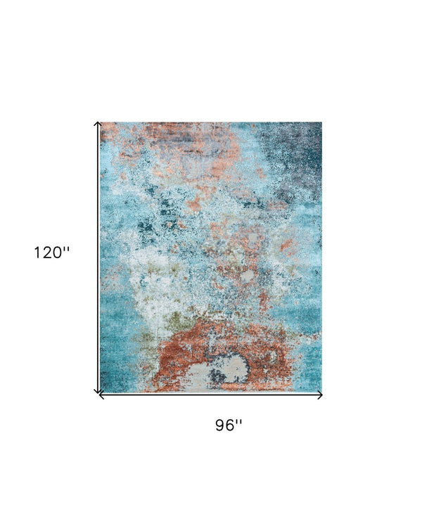 HomeRoots 8' X 10' Luxurious Aqua Blue & Bronze Hand-Knotted Area Rug – Artisan Crafted Elegance for Your Home 569479