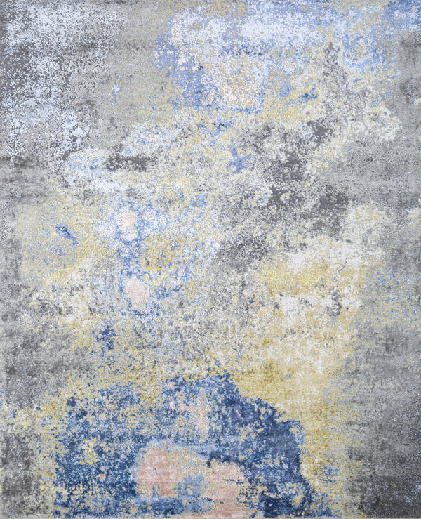 Homeroots 8' X 10' Ivory Blue And Gray Abstract Hand Knotted Area Rug  Wool,Bamboo Silk 569480