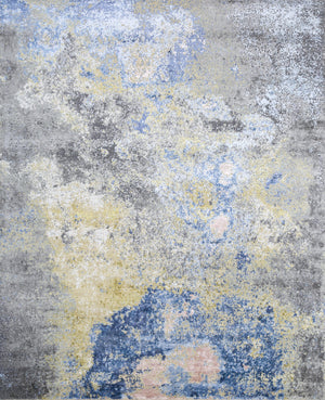 Homeroots 8' X 10' Ivory Blue And Gray Abstract Hand Knotted Area Rug  Wool,Bamboo Silk 569480
