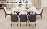 English Elm 1 Table and 8 Chairs Set.A Rectangular Dining Table With A 0.39-Inch Imitation Marble Tabletop and Black Metal Legs.Paired With 8 Chairs With Pu Leather Seat Cushion and Black Metal Legs.F-1538,C-007