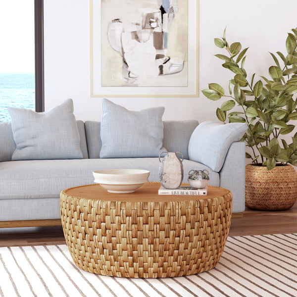 Butler Specialty Captiva Round Rattan Drum Coffee Table - Coastal Elegance With Textured Charm For Your Living Space Natural Mdf,Mindi Veneer,Rattan,Water Hyacinth 5695404-butler