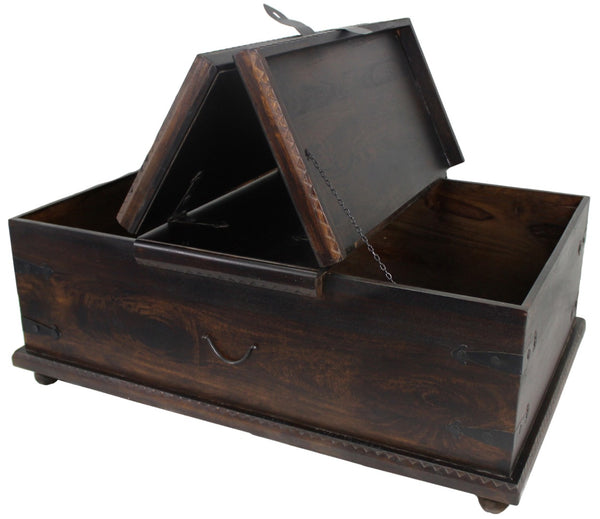 HomeRoots 54" Distressed Dark Brown Solid Wood Lift-Top Trunk Coffee Table for Vintage Style & Storage 569547