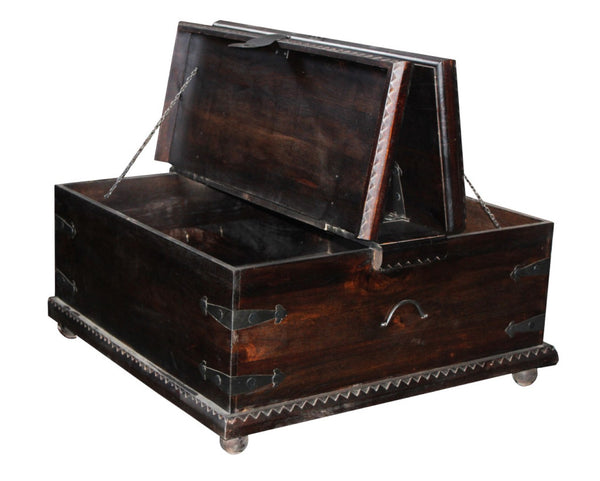 HomeRoots 54" Distressed Dark Brown Solid Wood Lift-Top Trunk Coffee Table for Vintage Style & Storage 569547