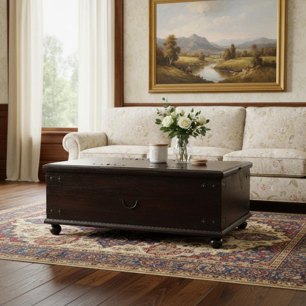 HomeRoots 54" Distressed Dark Brown Solid Wood Lift-Top Trunk Coffee Table for Vintage Style & Storage 569547