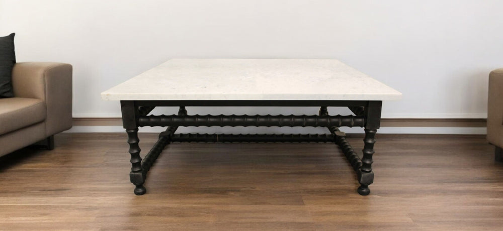 HomeRoots 48" White Marble & Black Solid Wood Square Coffee Table – Modern Elegance for Any Space 569553