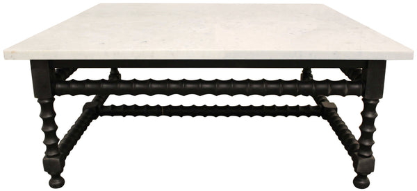 Homeroots 48" Stylish White And Black Genuine Marble Square Coffee Table With Solid Wood Base For Elegance   569553