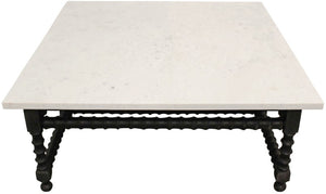 Homeroots 48" Stylish White And Black Genuine Marble Square Coffee Table With Solid Wood Base For Elegance   569553