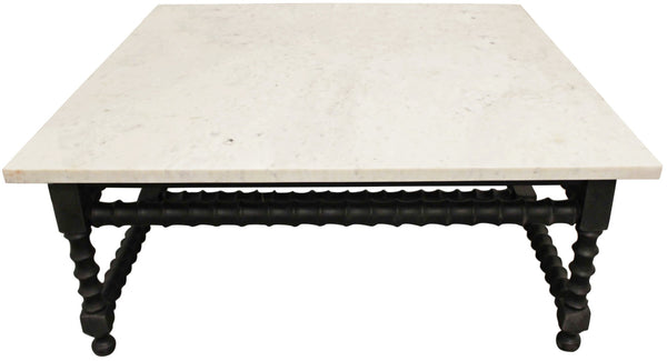 Homeroots 48" Stylish White And Black Genuine Marble Square Coffee Table With Solid Wood Base For Elegance   569553