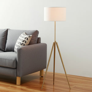 HomeRoots Gold Adjustable Tripod Floor Lamp - Elegant White Linen Shade, Mid-Century Modern Design, 64" Height 569567