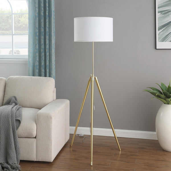 HomeRoots Gold Adjustable Tripod Floor Lamp - Elegant White Linen Shade, Mid-Century Modern Design, 64" Height 569567