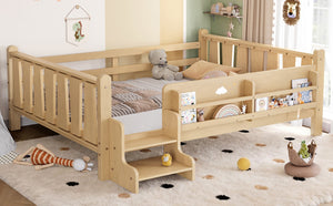 English Elm Twin Pine Floor Bed with Guardrails Built-in Bookcases and Stair Steps for Kids W1580P430186