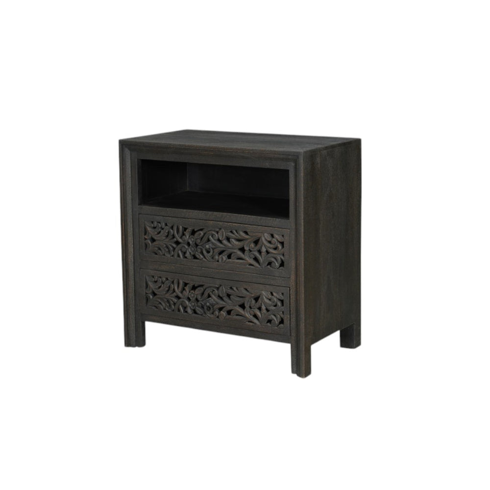 Homeroots 30" Black Solid Wood Nightstand With Distressed Floral Carvings – Stylish & Functional Storage Solution   569585