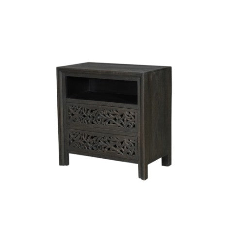 Homeroots 30" Black Solid Wood Nightstand With Distressed Floral Carvings – Stylish & Functional Storage Solution   569585