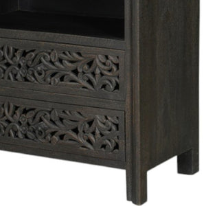 Homeroots 30" Black Solid Wood Nightstand With Distressed Floral Carvings – Stylish & Functional Storage Solution   569585