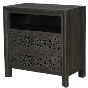 Homeroots 30" Black Solid Wood Nightstand With Distressed Floral Carvings – Stylish & Functional Storage Solution   569585