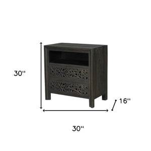 Homeroots 30" Black Solid Wood Nightstand With Distressed Floral Carvings – Stylish & Functional Storage Solution   569585
