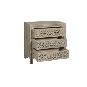 Homeroots 30" Rustic Solid Wood Nightstand With Floral Carvings - Three Drawers For Stylish Bedroom Storage   569586
