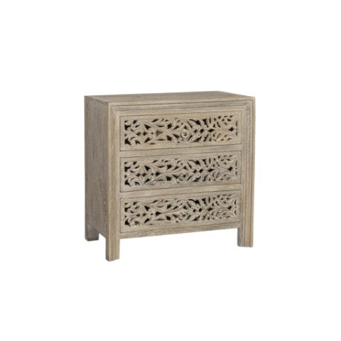 Homeroots 30" Rustic Solid Wood Nightstand With Floral Carvings - Three Drawers For Stylish Bedroom Storage   569586