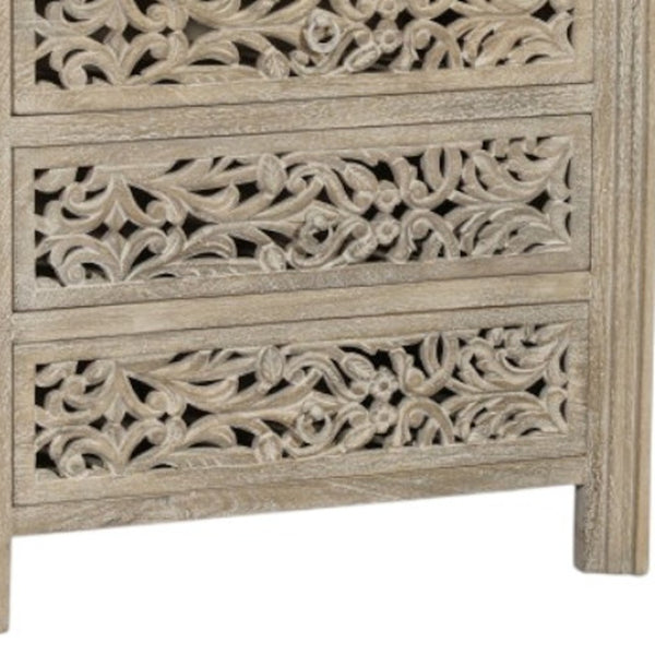 Homeroots 30" Rustic Solid Wood Nightstand With Floral Carvings - Three Drawers For Stylish Bedroom Storage   569586