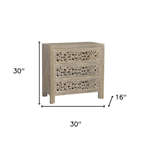 Homeroots 30" Rustic Solid Wood Nightstand With Floral Carvings - Three Drawers For Stylish Bedroom Storage   569586