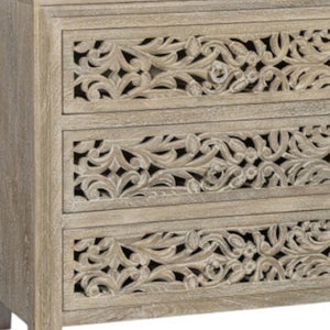 Homeroots 30" Rustic Solid Wood Nightstand With Floral Carvings - Three Drawers For Stylish Bedroom Storage   569586