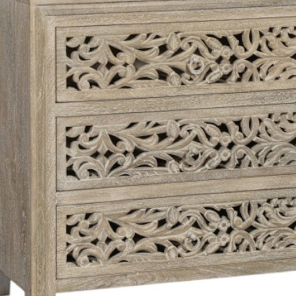 Homeroots 30" Rustic Solid Wood Nightstand With Floral Carvings - Three Drawers For Stylish Bedroom Storage   569586