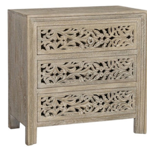 Homeroots 30" Rustic Solid Wood Nightstand With Floral Carvings - Three Drawers For Stylish Bedroom Storage   569586