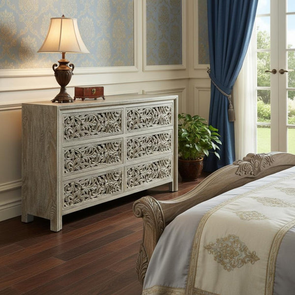 HomeRoots 57" Gray Solid Wood Six-Drawer Dresser – Timeless Storage Solution with Classic Charm & Style 569588