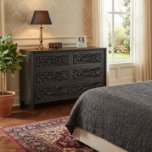 HomeRoots 57" Black Solid Wood Six Drawer Dresser – Stylish Storage Solution with Rustic-Modern Charm & Durability 569589