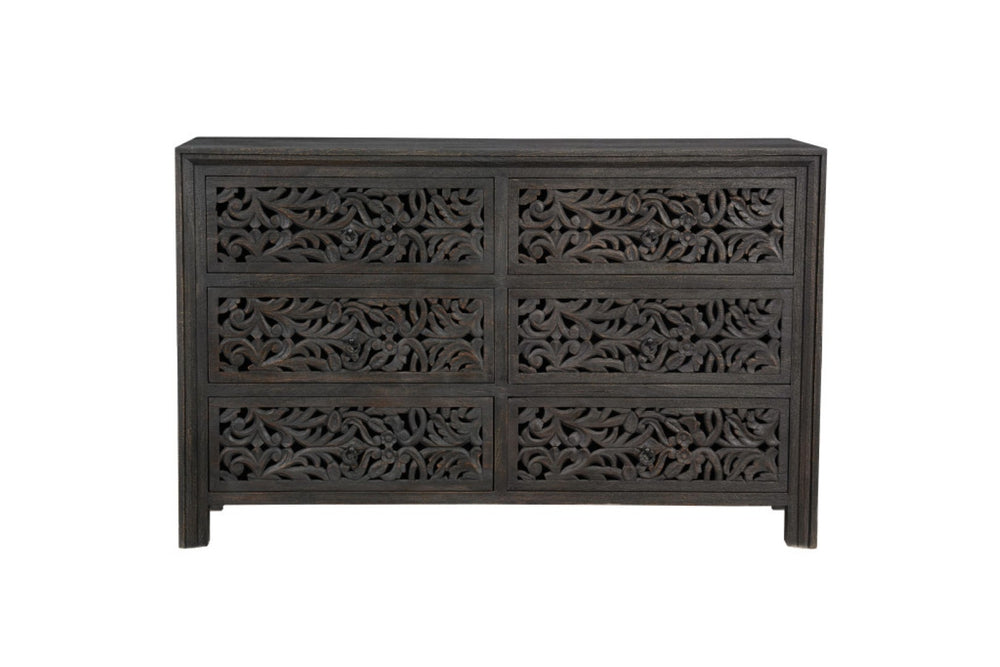 HomeRoots 57" Black Solid Wood Six Drawer Dresser – Stylish Storage Solution with Rustic-Modern Charm & Durability 569589