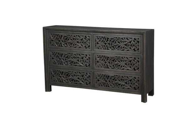 HomeRoots 57" Black Solid Wood Six Drawer Dresser – Stylish Storage Solution with Rustic-Modern Charm & Durability 569589