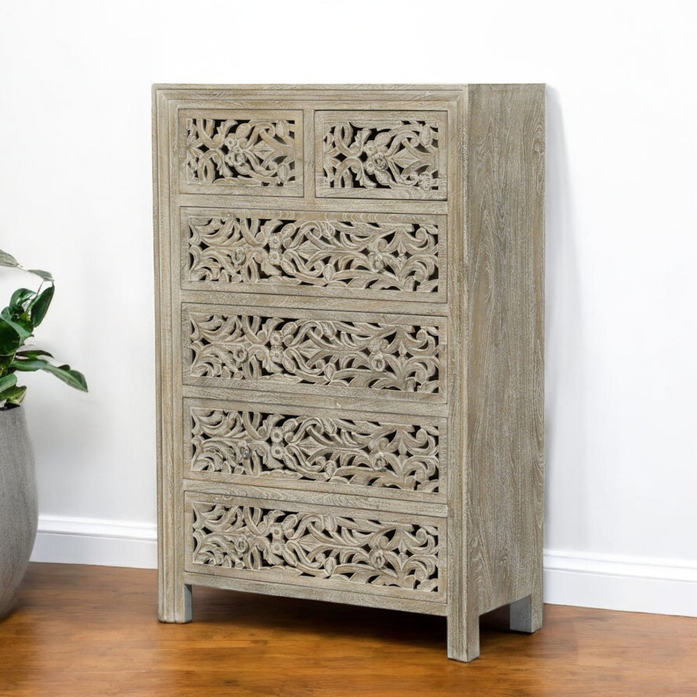 Homeroots 35" Gray Carved Floral Solid Wood Dresser - Stylish 6 Drawer Storage For Elegant Bedroom Decor  Solid Wood 569590