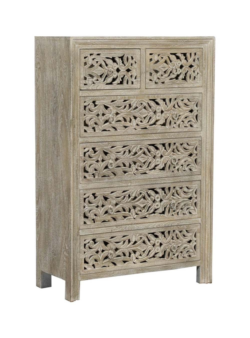 HomeRoots 35" Handcrafted Gray Floral Solid Wood Dresser with 6 Drawers for Stylish Bedroom Organization 569590
