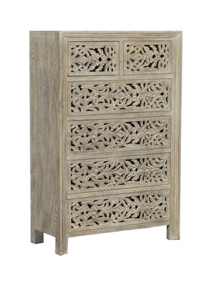 HomeRoots 35" Handcrafted Gray Floral Solid Wood Dresser with 6 Drawers for Stylish Bedroom Organization 569590