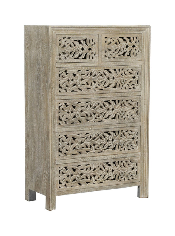 HomeRoots 35" Handcrafted Gray Floral Solid Wood Dresser with 6 Drawers for Stylish Bedroom Organization 569590