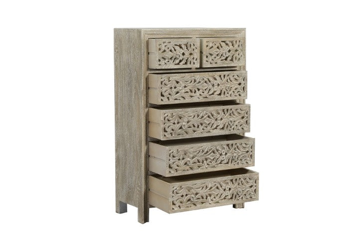 Homeroots 35" Gray Carved Floral Solid Wood Dresser - Stylish 6 Drawer Storage For Elegant Bedroom Decor  Solid Wood 569590