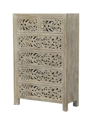 Homeroots 35" Gray Carved Floral Solid Wood Dresser - Stylish 6 Drawer Storage For Elegant Bedroom Decor  Solid Wood 569590